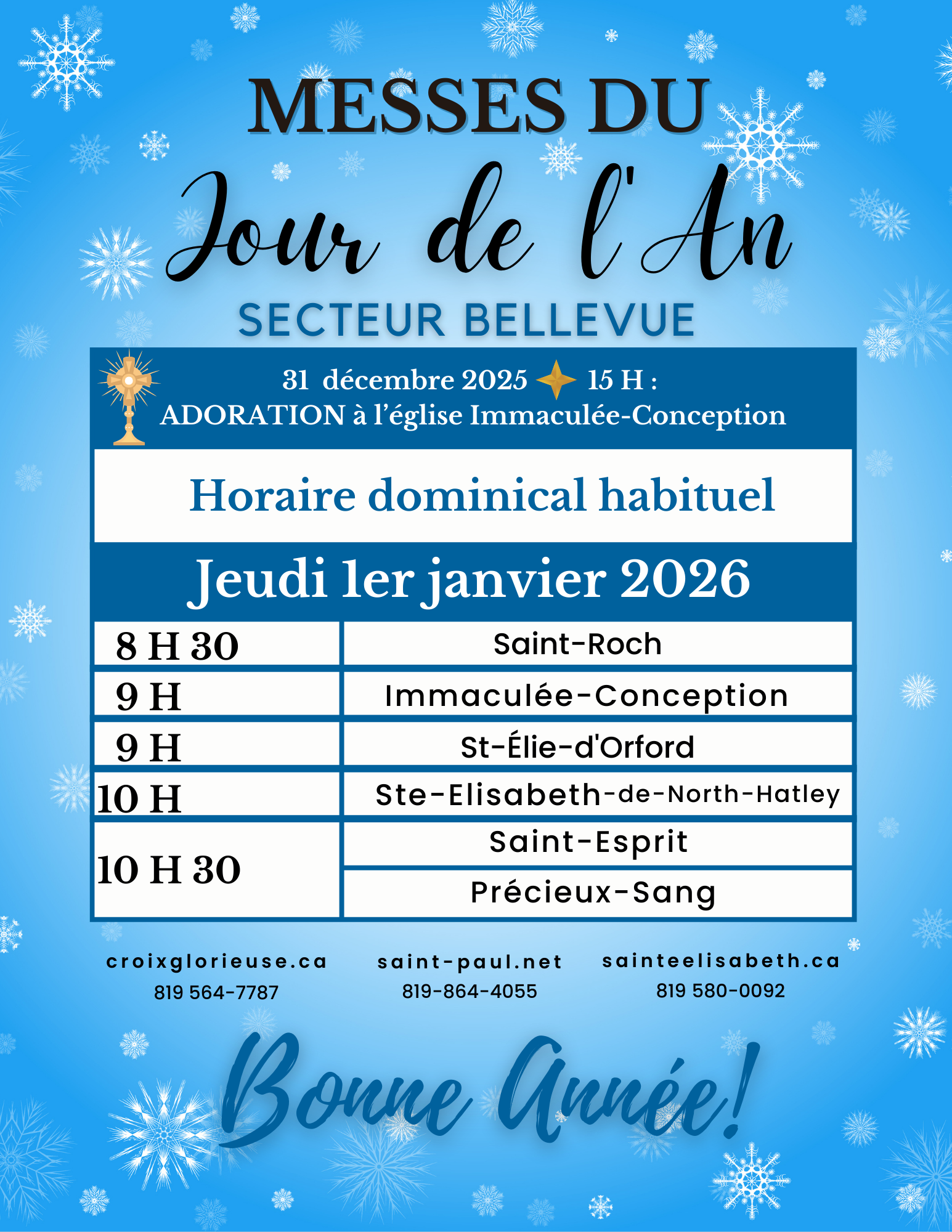 HORAIRE MESSES DU JOUR DE L' AN 2026- Secteur Bellevue