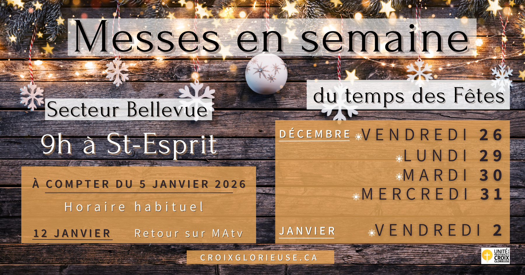 Messes en semaine Temps des Fêtes 2025-2026 -UPCG-Secteur Bellevue